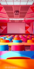Abstract geometric patterns in a classroom setting, bathed in intense, saturated hues, viewed from a low, wide perspective, classroom,  academic