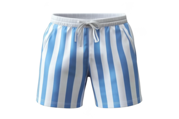 Blue and white striped swimwear shorts for men and women, casual beachwear, isolated on transparent background