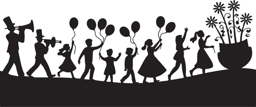 Silhouette of people with balloons and flowers in a parade
