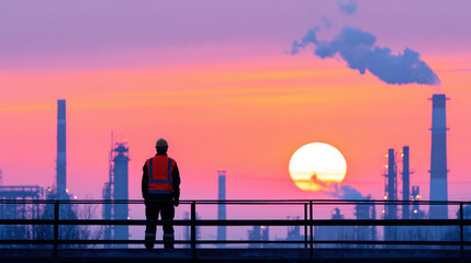 Industrial worker safety vest hard hat sunset refinery silhouette factory pollution industrial worker safety vest and hard hat watches refinery