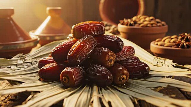 A pyramid of dates on palm leaves with bowls of nuts in the background, captured from a slight elevation