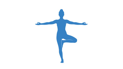 Blue Silhouette Woman Yoga Tree Pose Balance White Background