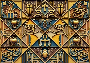 Exquisite Egyptian Hieroglyphs Pattern with Symbolic Motifs and Golden Details