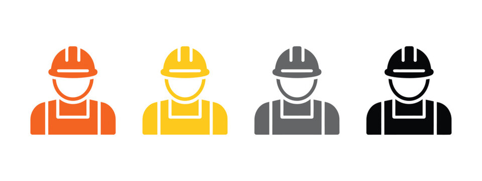 Construction worker icons wearing orange yellow gray and black hard hats, skilled workforce ready for safe and productive job site work.