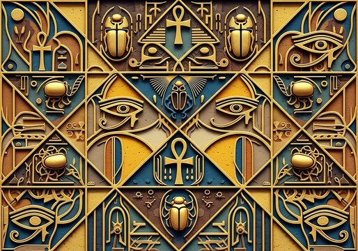 Exquisite Egyptian Hieroglyphs Pattern with Symbolic Motifs and Golden Details