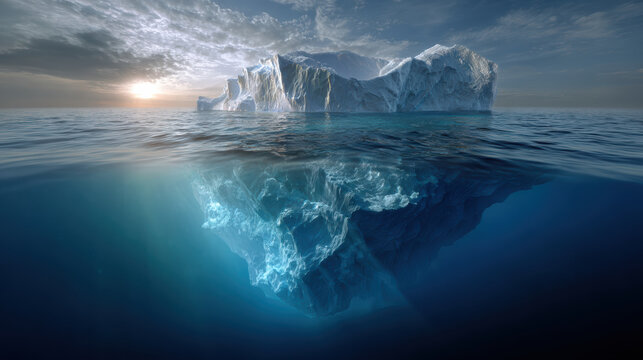 Iceberg ocean water sea sky sunset reflection underwater dramatic iceberg ocean water sea sky sunset reflection underwater landscape scenery calm - Powered by Adobe