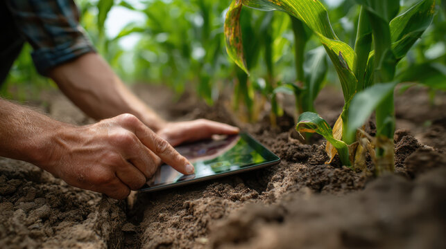 Farmer hand tablet soil corn field technology agriculture data analysis concept precision farming - Powered by Adobe
