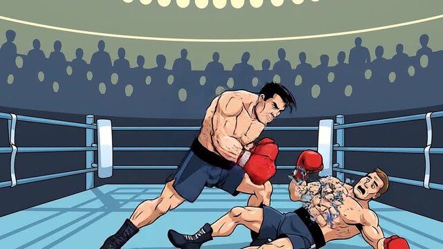Boxer delivers knockout punch winning the fight in a cartoon style