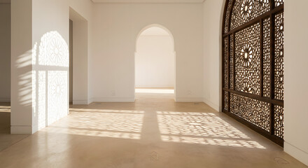 Elegant minimalist moroccan interior with white walls and arched doorway featuring intricate wooden mashrabiya lattice window casting geometric shadows on a polished stone floor