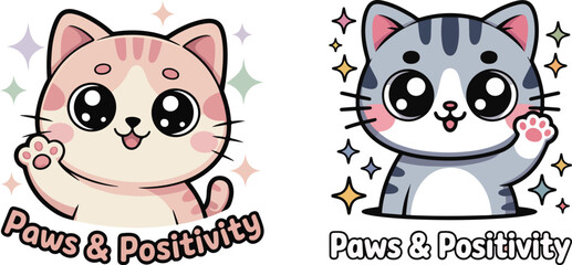 Cute Kawaii Cats Waving with "Paws & Positivity" Text vector © MdMezbahul