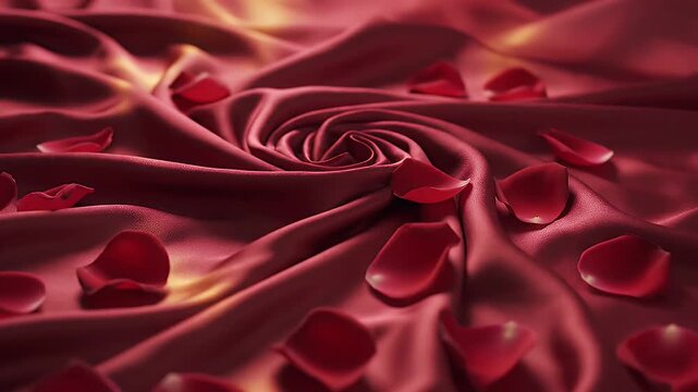 Red Satin with Rose Petals - A close-up shot features a beautiful, flowing swirl of red satin fabric, adorned with scattered red rose petals.