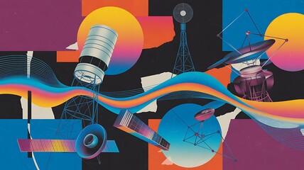Vibrant abstract of futuristic communication devices and satellites with colorful waves