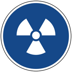 Fototapeta premium Vektor Illustration eines blauen runden Schildes mit einem weißen Radioaktivität Warnsymbol für Strahlung Gefahr Atomkraft und Wissenschaft