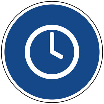 Vektor Illustration eines blauen runden Schildes mit einem wei&szlig;en Uhr Symbol f&uuml;r Zeit Management Termine Dauer &Ouml;ffnungszeiten und P&uuml;nktlichkeit