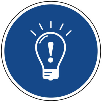 Vektor Illustration eines blauen runden Schildes mit einer wei&szlig;en Gl&uuml;hbirne und Ausrufezeichen Symbol f&uuml;r Idee Inspiration L&ouml;sung Innovation und Wissen