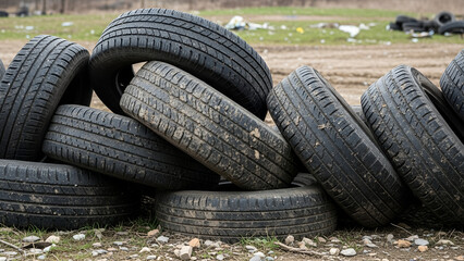 Obraz premium Piled used car tires on grassy ground at outdoor recycling site 
