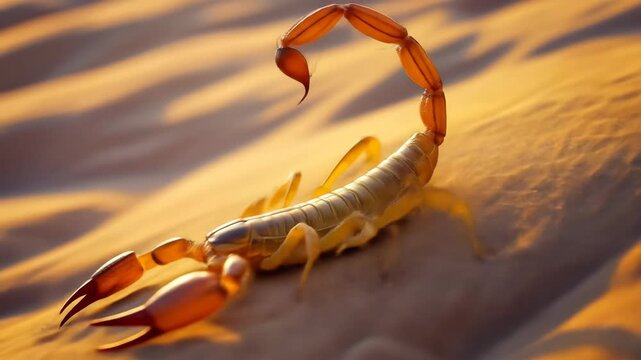 Desert scorpion on sand detailed close up with warm sunlight