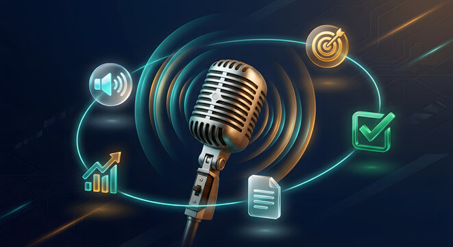 professional vintage microphone with digital marketing icons and glowing sound waves representing podcasting business communication social media strategy and audio content creation