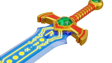 Fantasy Sword with Blue Blade and Ornate Golden Hilt