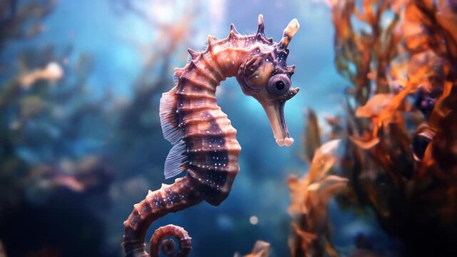 Detailed close up of a seahorse swimming in an aquatic environment