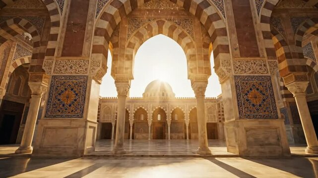 Majestic archway and dome inside an ornate mosque with intricate patterns and arches viewed from a serene interior space