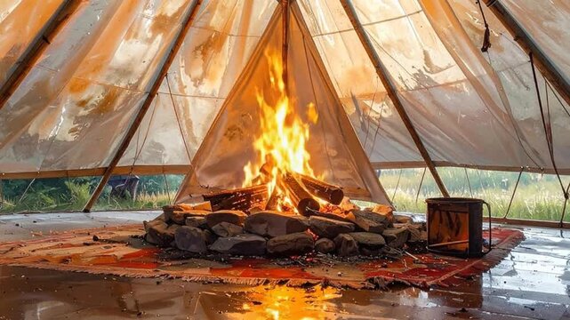 Cozy campfire inside a teepee tent with warm flames and ambiance.