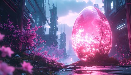 A large pink glowing egg in a desolate cityscape with cherry blossoms