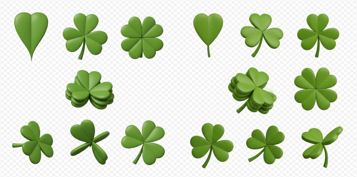 Set of various green clover and shamrock leaves, 3D rendered illustrations on transparent background.