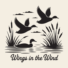 Obraz premium Silhouette of Ducks Flying and Swimming in a Marsh vector