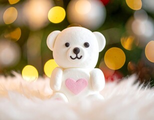 A small white teddy bear with a pink heart on its chest sits on a fluffy surface in front of a blurry background of yellow lights