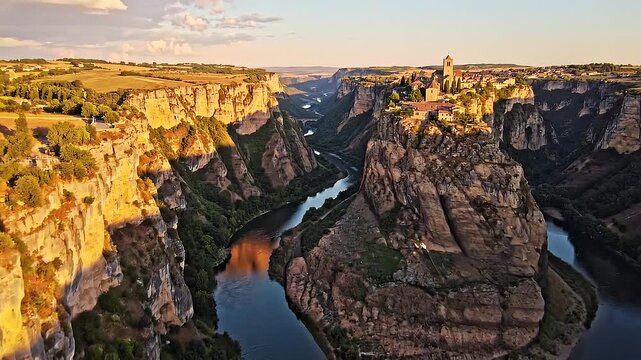 Aerial view of Pe?afiel Castle and Durat?n River meandering through canyon