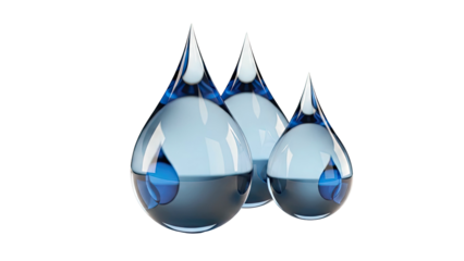 Three translucent blue water drops against a white background