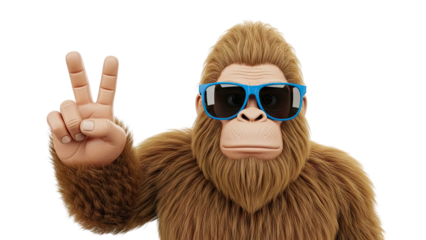 Cartoon Bigfoot Making Peace Sign with Blue Sunglasses