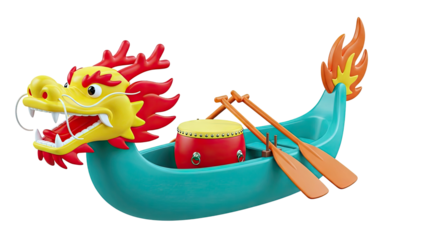 Cartoon Dragon Boat with Drum and Oars