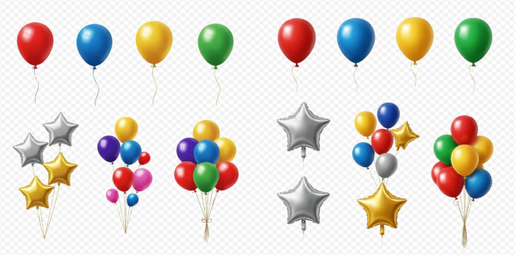 Set of colorful realistic balloons, including star-shaped foil balloons, perfect for festive decorations and celebrations.