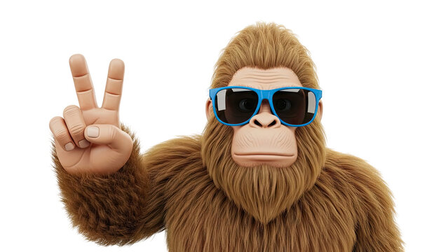 Cartoon Bigfoot Making Peace Sign with Blue Sunglasses