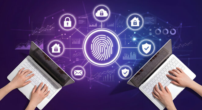 biometric fingerprint security technology concept with users on laptops surrounded by glowing digital safety icons for cyber protection data privacy and secure network access - Powered by Adobe