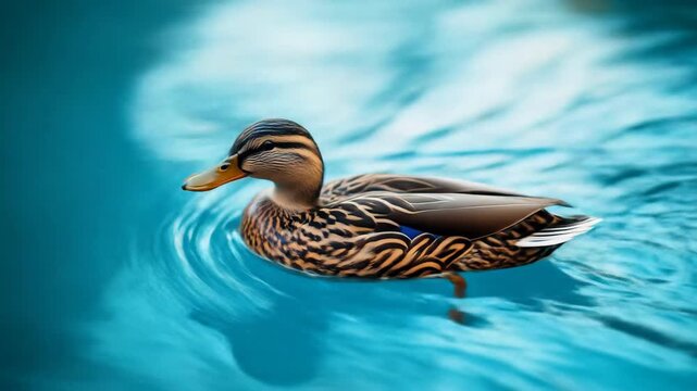 Duck floating on water with natural patterns and vibrant blue color
