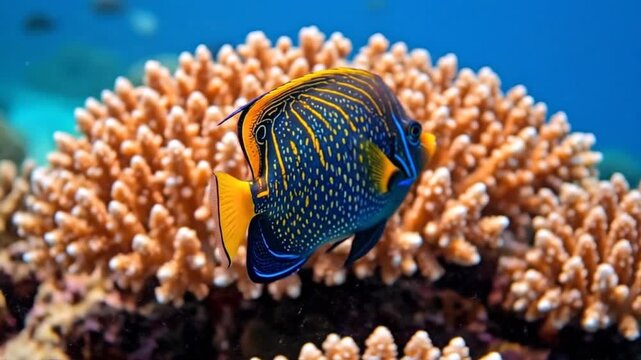 Vibrant emperor angelfish swimming gracefully near coral reefs in clear blue ocean waters.