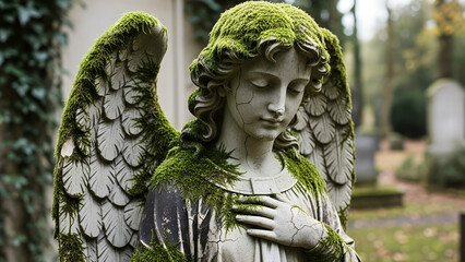 Moss-covered angel statue standing in a serene cemetery setting  