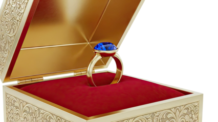 Gold Ring with Blue Gemstone in Ornate Box