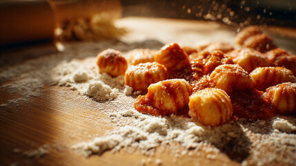 Close-up of Fresh Homemade Potato Gnocchi with Tomato Sauce on Floured Wooden Board.