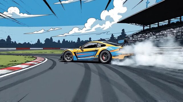 High Speed Race Car Drift on Circuit Track Animated Comic Style