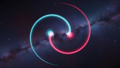 Long-exposure composition of two glowing orbs orbiting a common center of gravity, cyan and magenta trails weaving luminous light paths