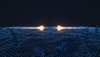 Dark 3D Grid Landscape with Twin Neon Light Pulses Traveling on a Straight Line, Approaching Collision in a Futuristic Digital Scene
