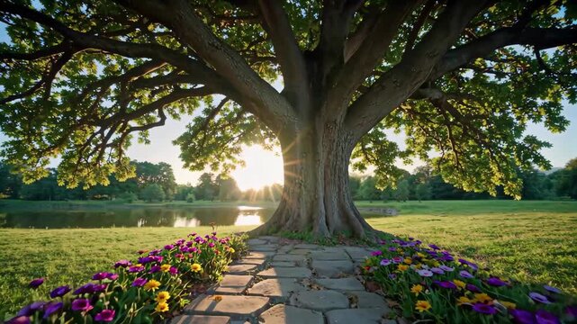 View of large grass trees and flower paths in the sun