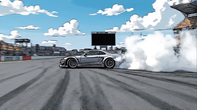 Drifting Sports Car on Race Track Comic Style Illustration