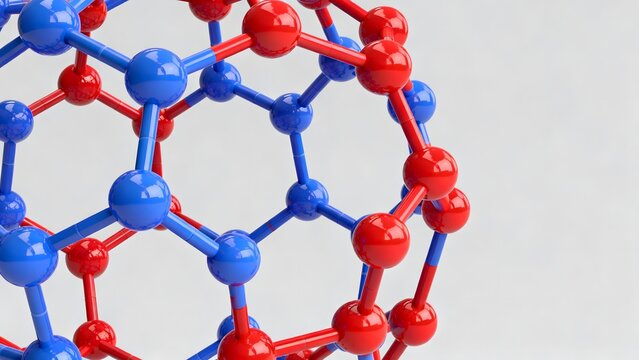 3D molecular architecture of C60 Buckminsterfullerene in a dual-colored atom model, highlighting two bonded atom colors for chemistry detail
