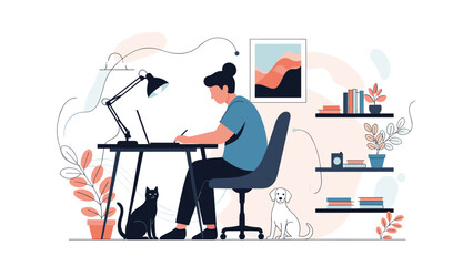 Obraz na płótnie Canvas Woman is working from home on a laptop at her desk accompanied by a black cat and a white dog in a cozy home office setup.