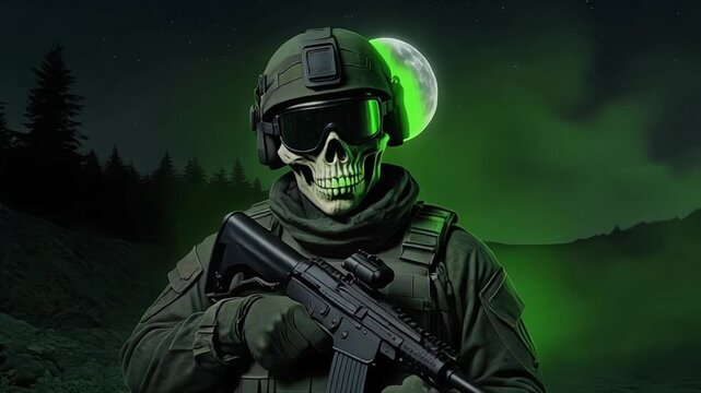 An armed special forces soldier skull in black combat uniform and a gas mask holds a tactical rifle for protection during a military war operation